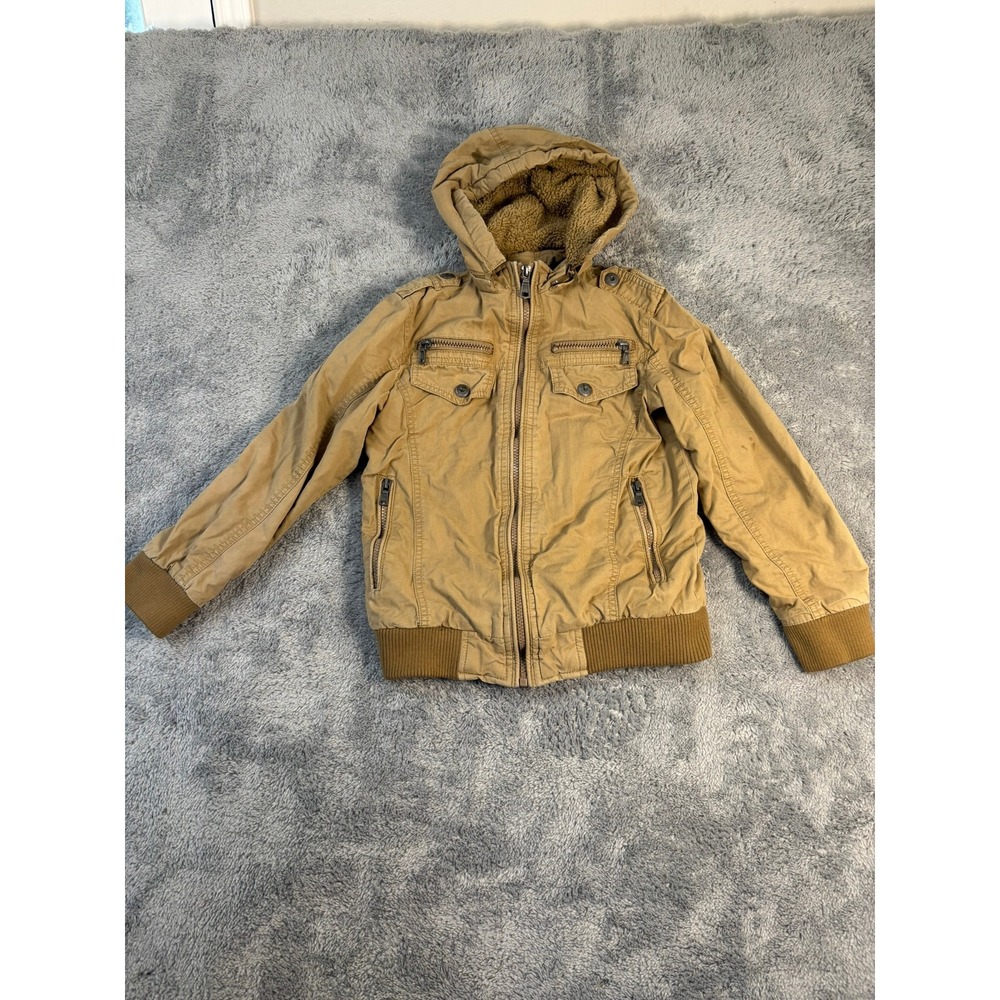 Distortion Boys Tan Khaki Sherpa Lined Hooded Military Field Jacket Size 8